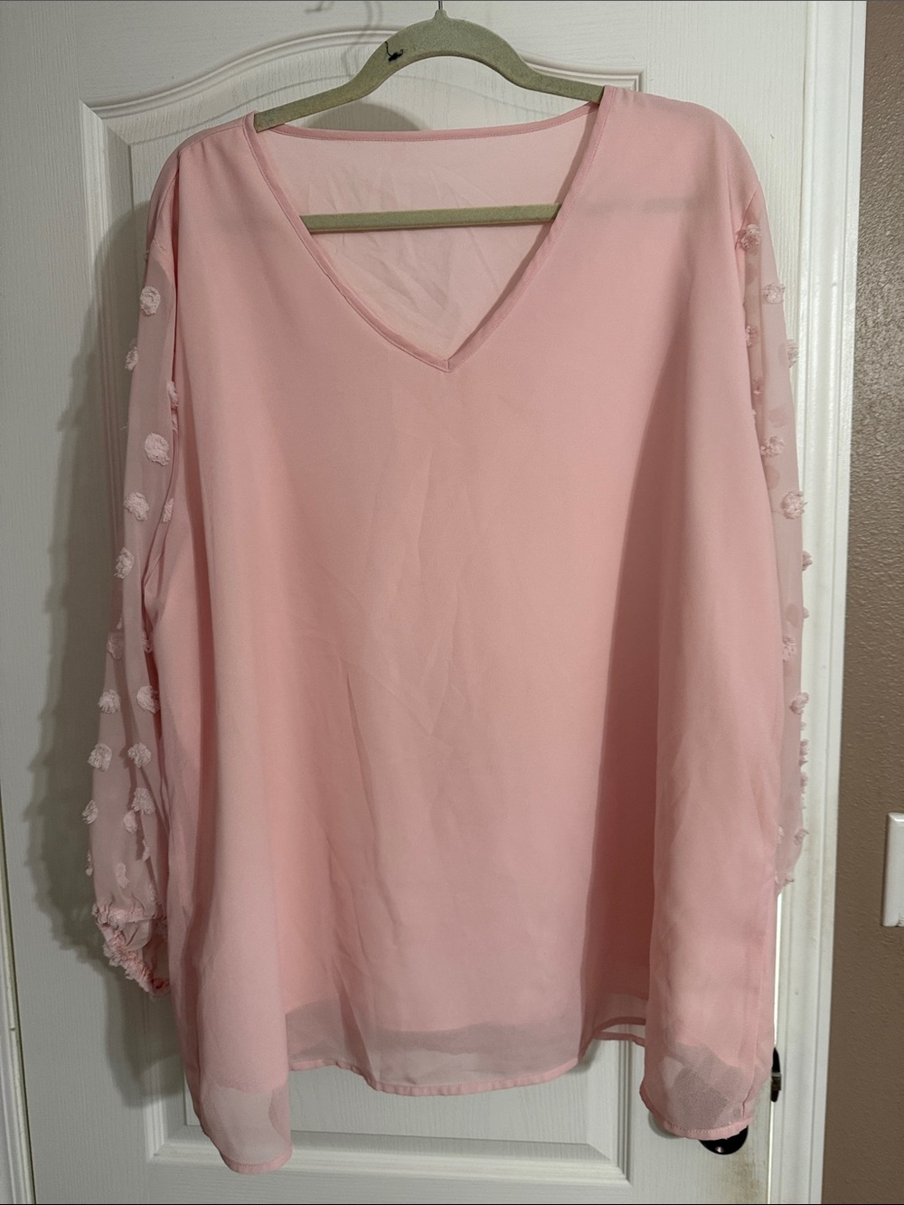 Soft Pink V-Neck Chiffon Tunic with Pom-Pom Sleeve Detail